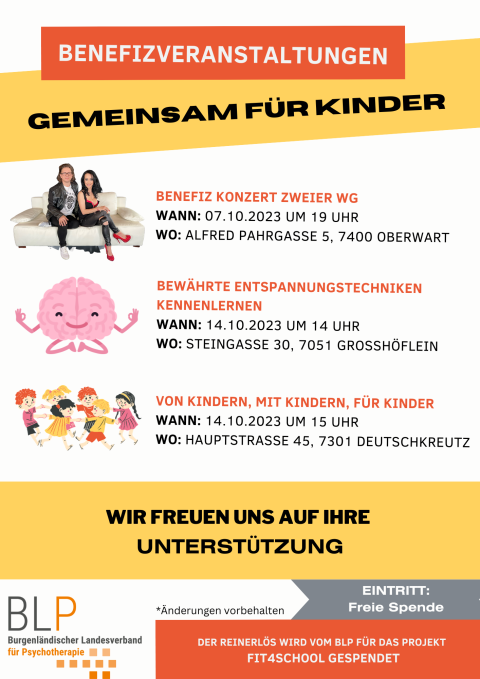 Plakat für Benefizveranstaltungen zugunsten fit4School