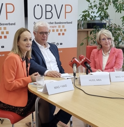 Pressekonferenz mit ÖBVP-Präsidentin Barbara Haid, ÖGK-Obmann Andreas Huss, AMFO-Vorsitzende Susanne Pointner © OEBVP