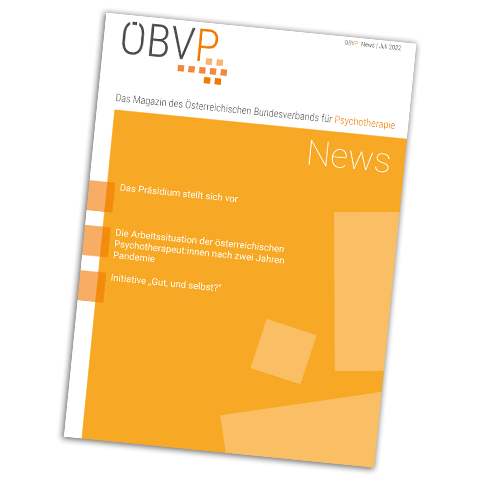 Musterexemplar des Mitgliedermagazin NEWS im Format A4. Diese Ausgabe ist weiß-orange und links oben befindet sich das ÖBVP-Logo.